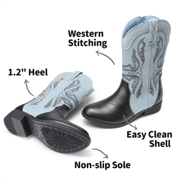Kids Embroidery Western Cowboy Boots - BLUE-BLACK - 2